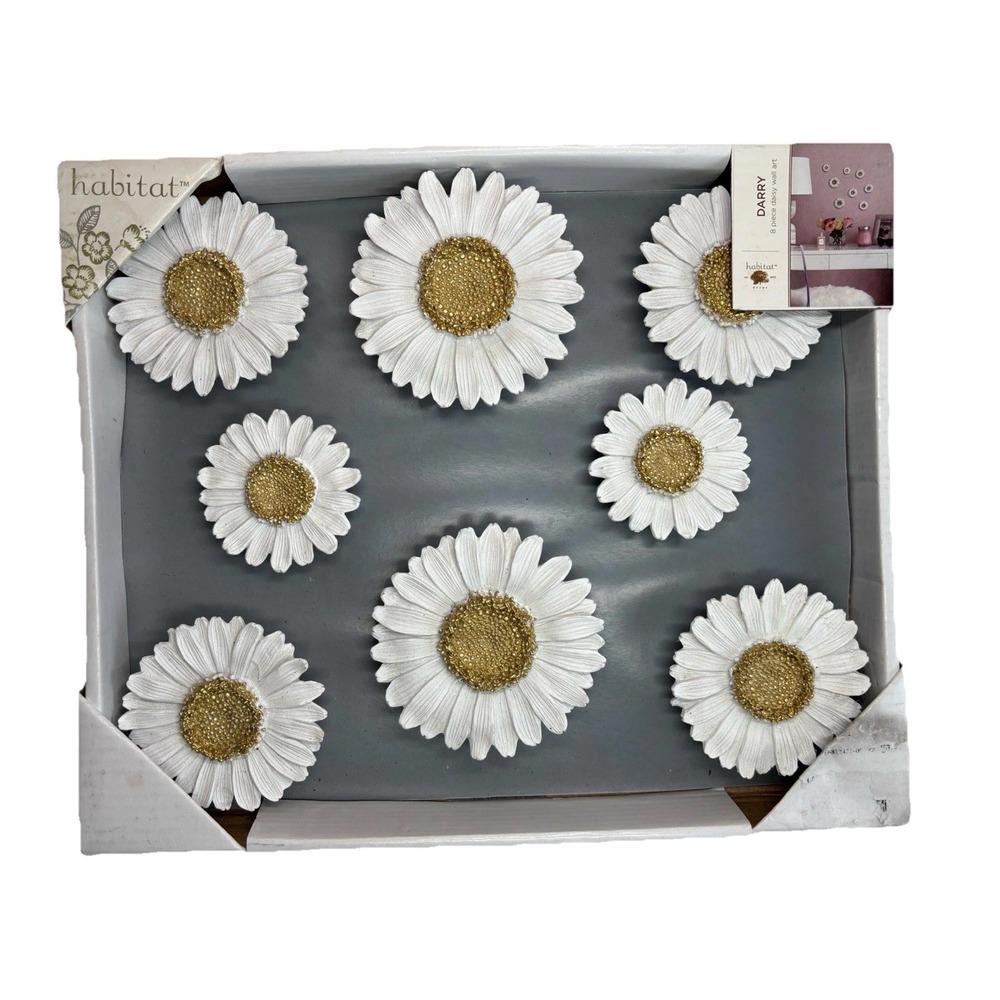 Habitat Darry 8 Piece Daisy Wall Art‎ Set White Gold Textured Floral Decor